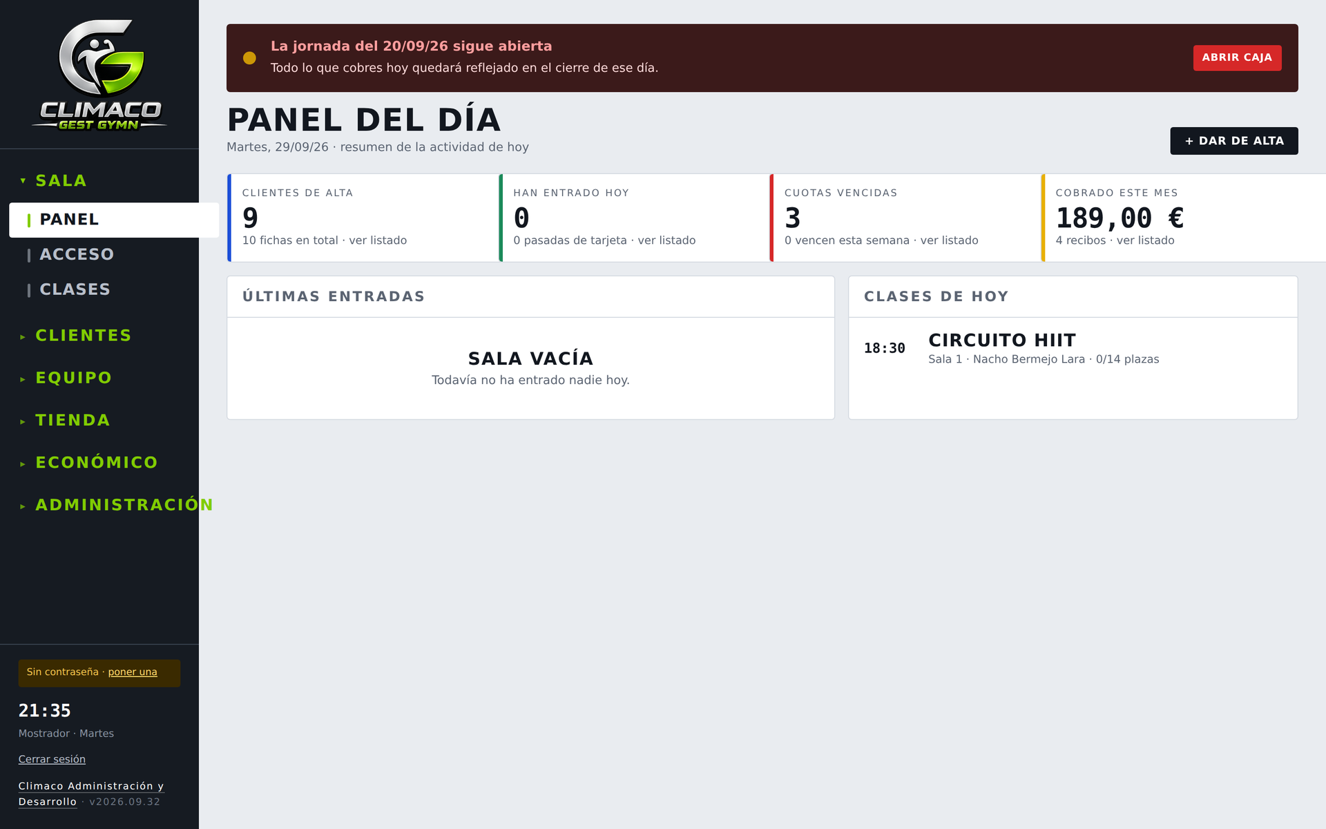 CLIMACO Gym — Panel principal