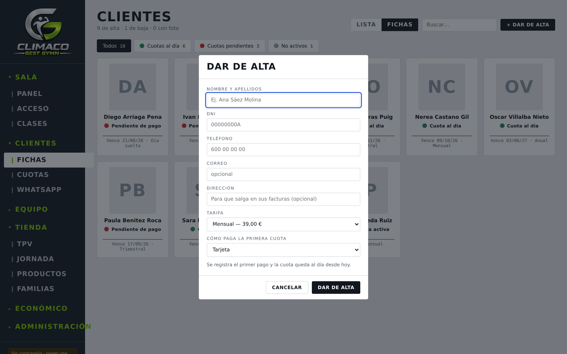 CLIMACO Gym — Alta de cliente