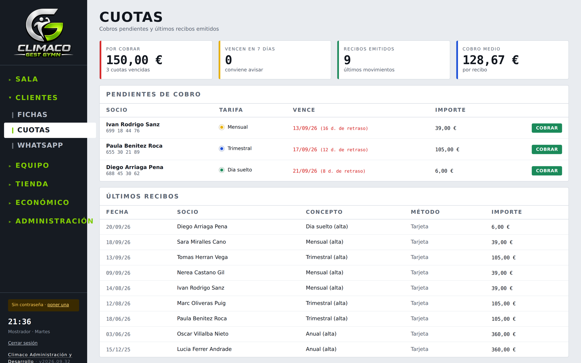 CLIMACO Gym — Gestión de cuotas