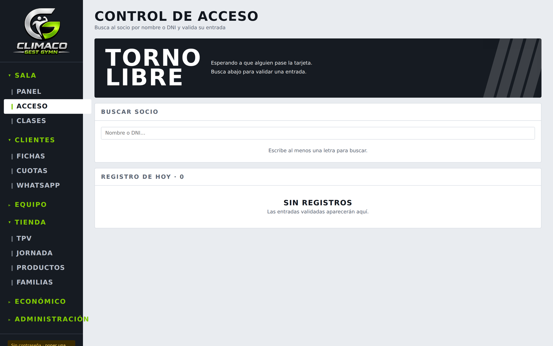 CLIMACO Gym — Control de accesos integrado