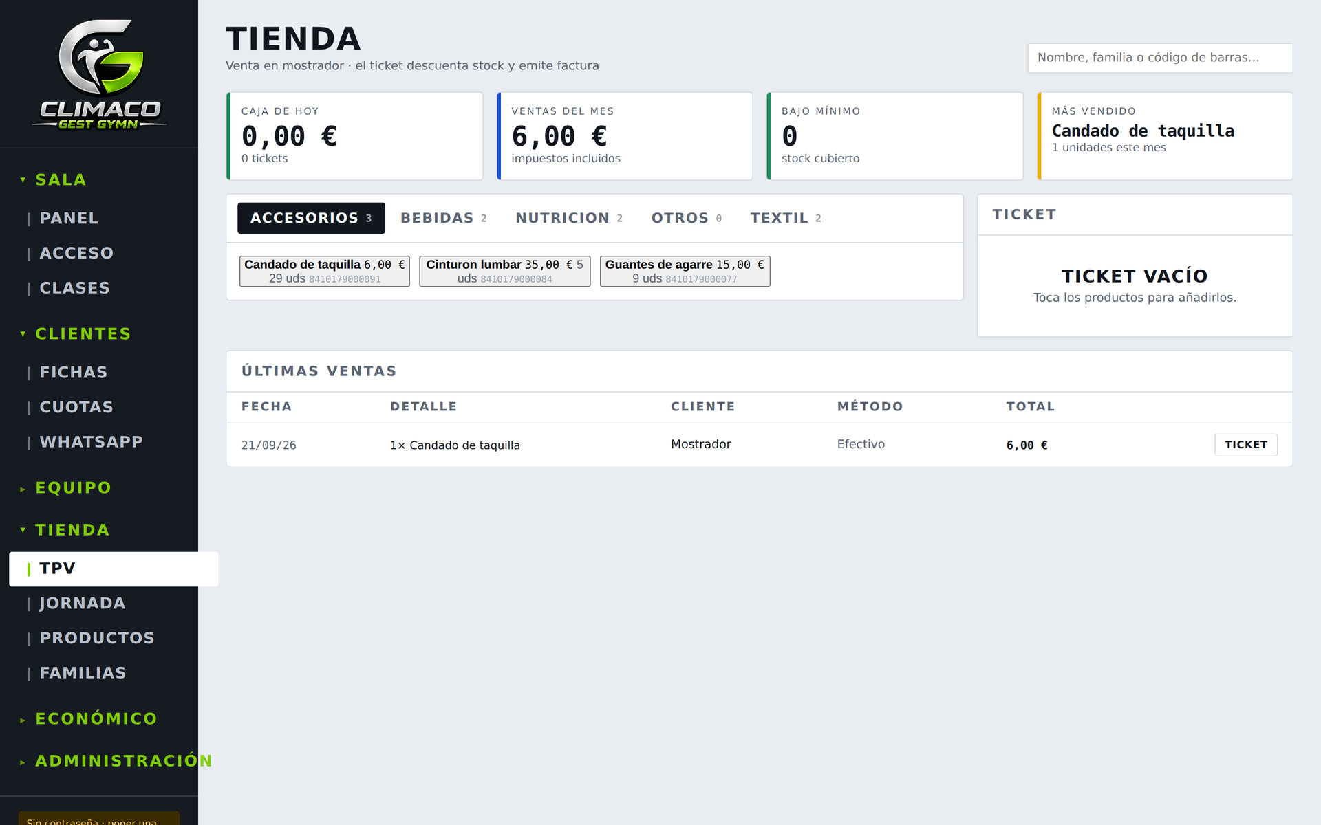 CLIMACO Gym — Sistema de punto de venta