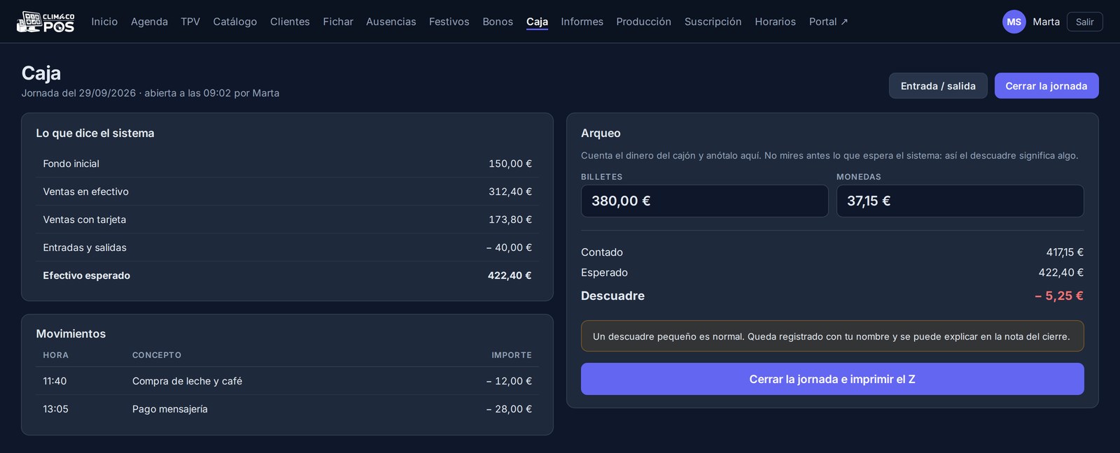 Pantalla de arqueo y cierre de jornada con el efectivo contado y el esperado.