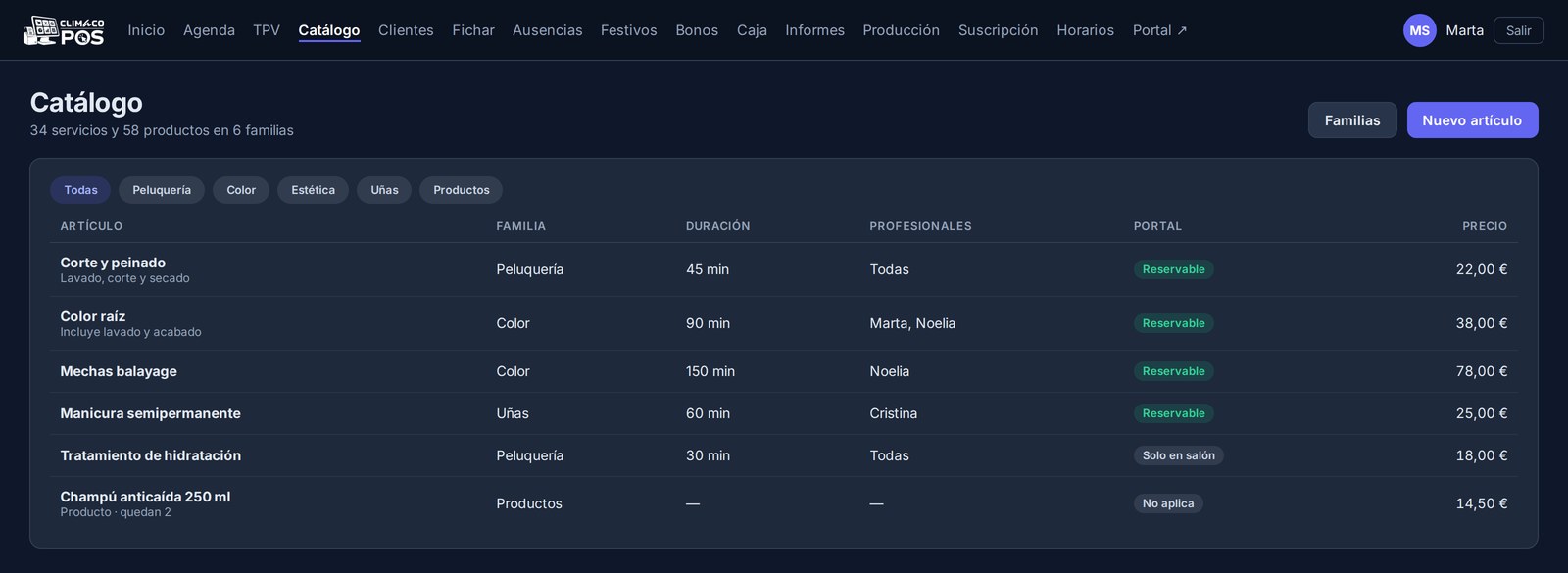 Catálogo de servicios con precios, duraciones y qué se puede reservar por internet.