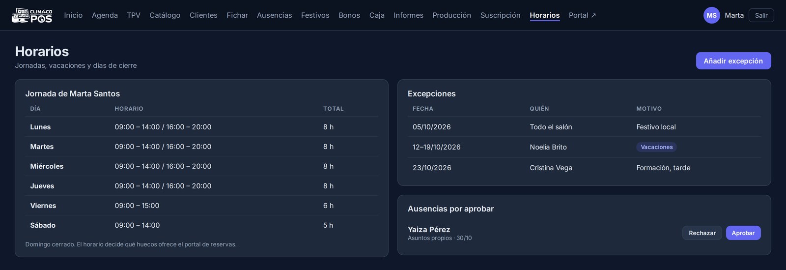 Horarios semanales de una profesional y las excepciones del mes.