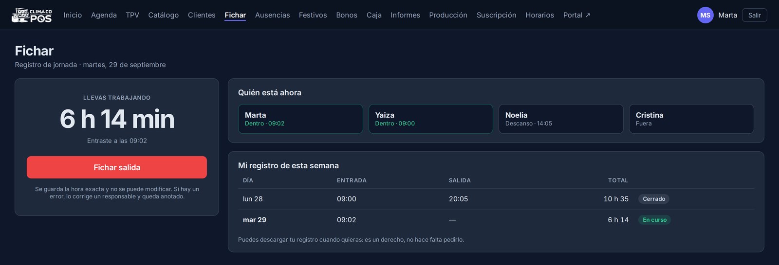 Pantalla de fichaje con el tiempo trabajado y quién está en el salón ahora.