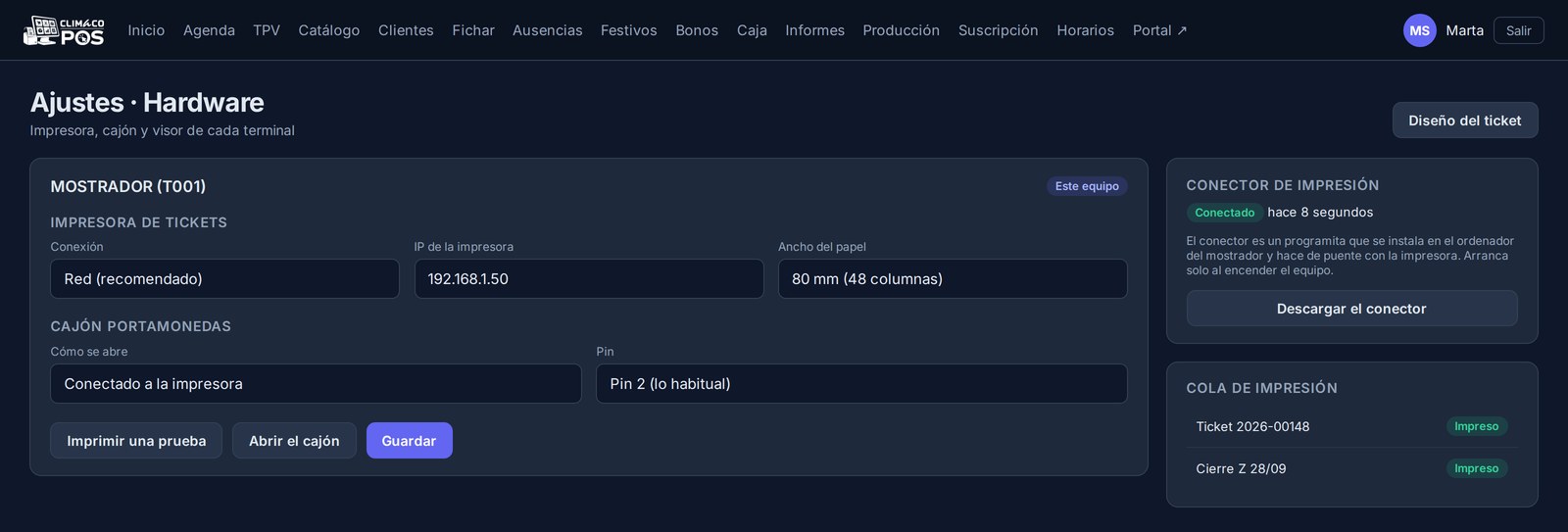 Ajustes de hardware con la configuración de la impresora de tickets y el cajón.