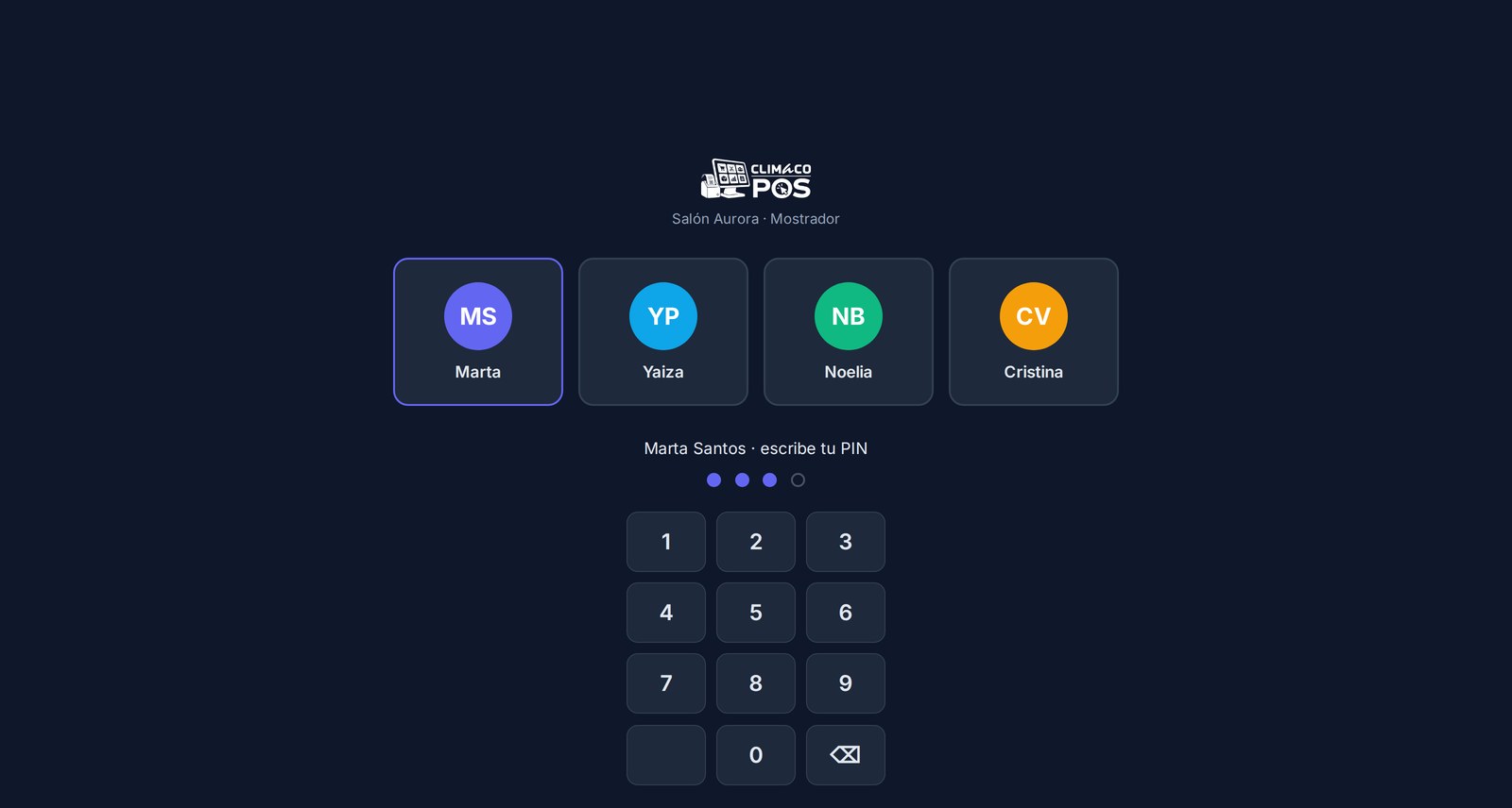 Selector de usuario con las fotos del equipo y el teclado numérico del PIN.