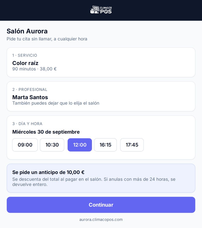 Portal de reservas en un móvil, con los huecos libres de un día.