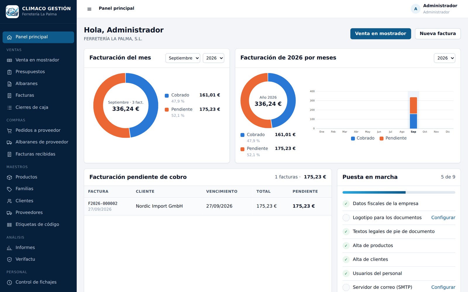 Panel principal con los gráficos de facturación del mes y del año y la lista de facturas pendientes de cobro.