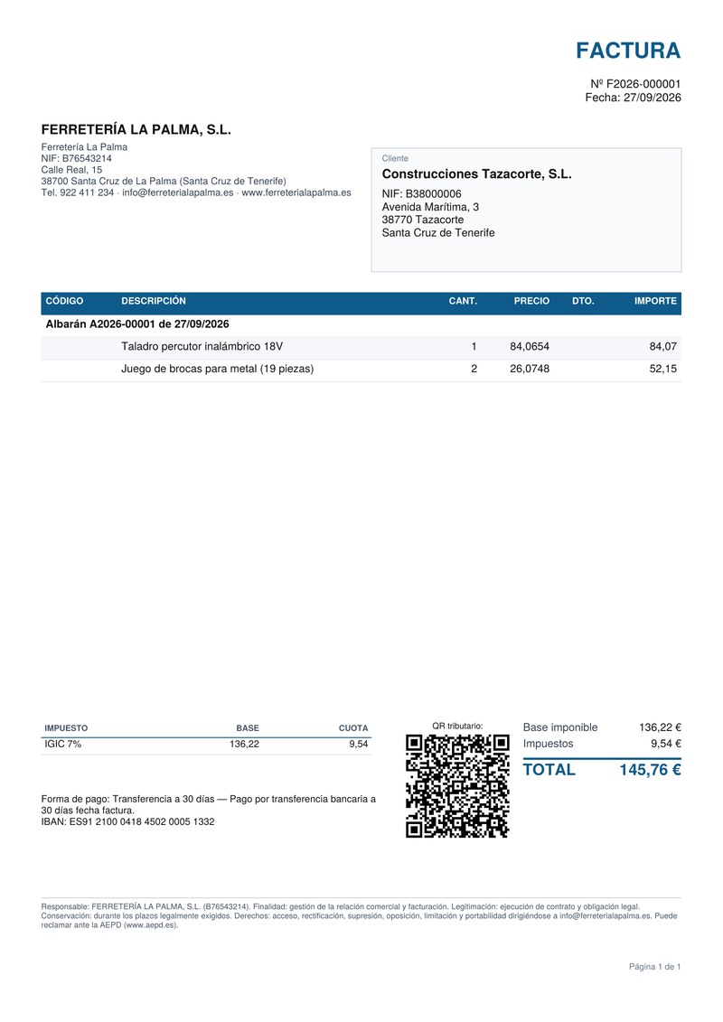 Factura en PDF con los datos del cliente, el desglose de impuestos y el código QR de Verifactu.