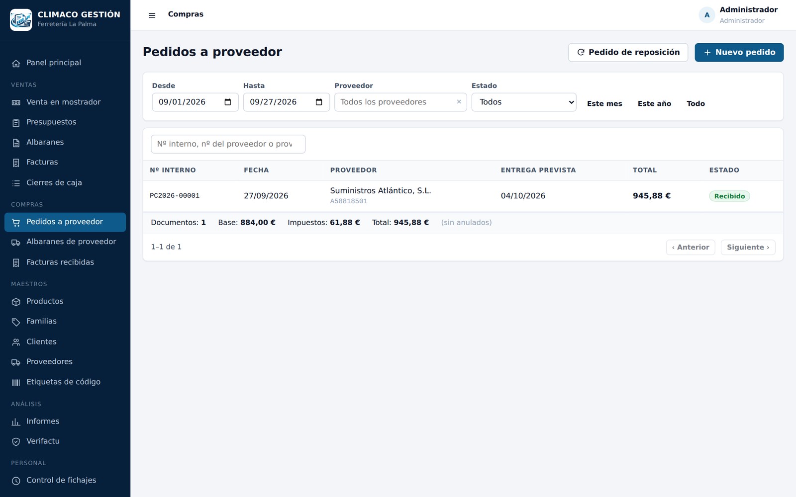 Listado de pedidos a proveedor con la entrega prevista y su estado.
