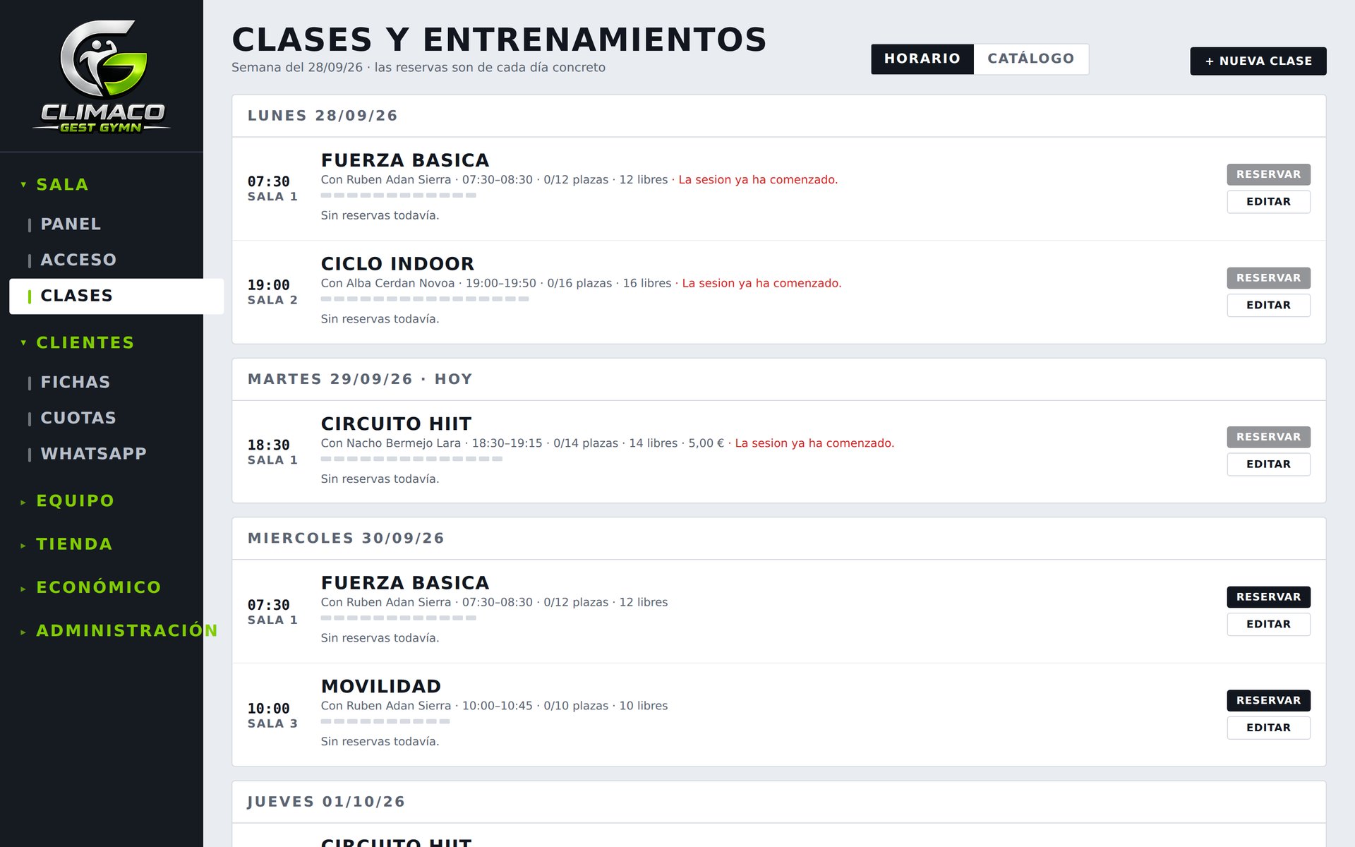 CLIMACO Gym — Reservas