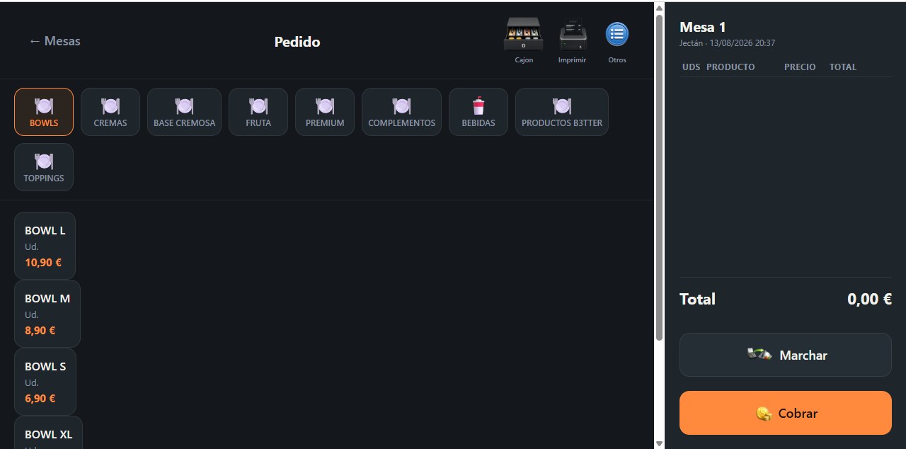 Pantalla de venta con las familias de la carta, los productos y la cuenta de la mesa a la derecha.
