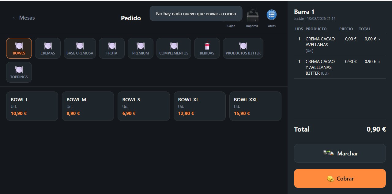 Pantalla de venta con dos líneas apuntadas en la cuenta de la mesa.