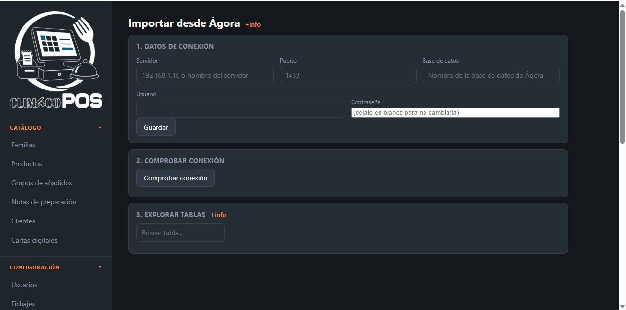 Pantalla de importación desde Ágora con los datos de conexión al servidor.